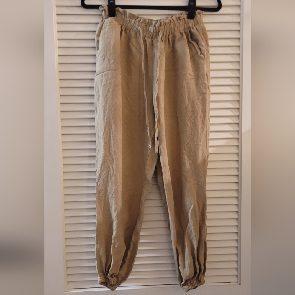 Zara - Tan Loose-Fit Lightweight Jogger Pants With Pockets & Elastic Waistband